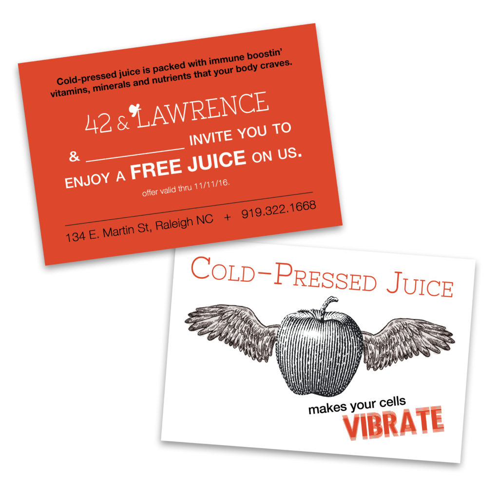 postcard advertising cold-pressed juice. There's an apple that has angel type wings