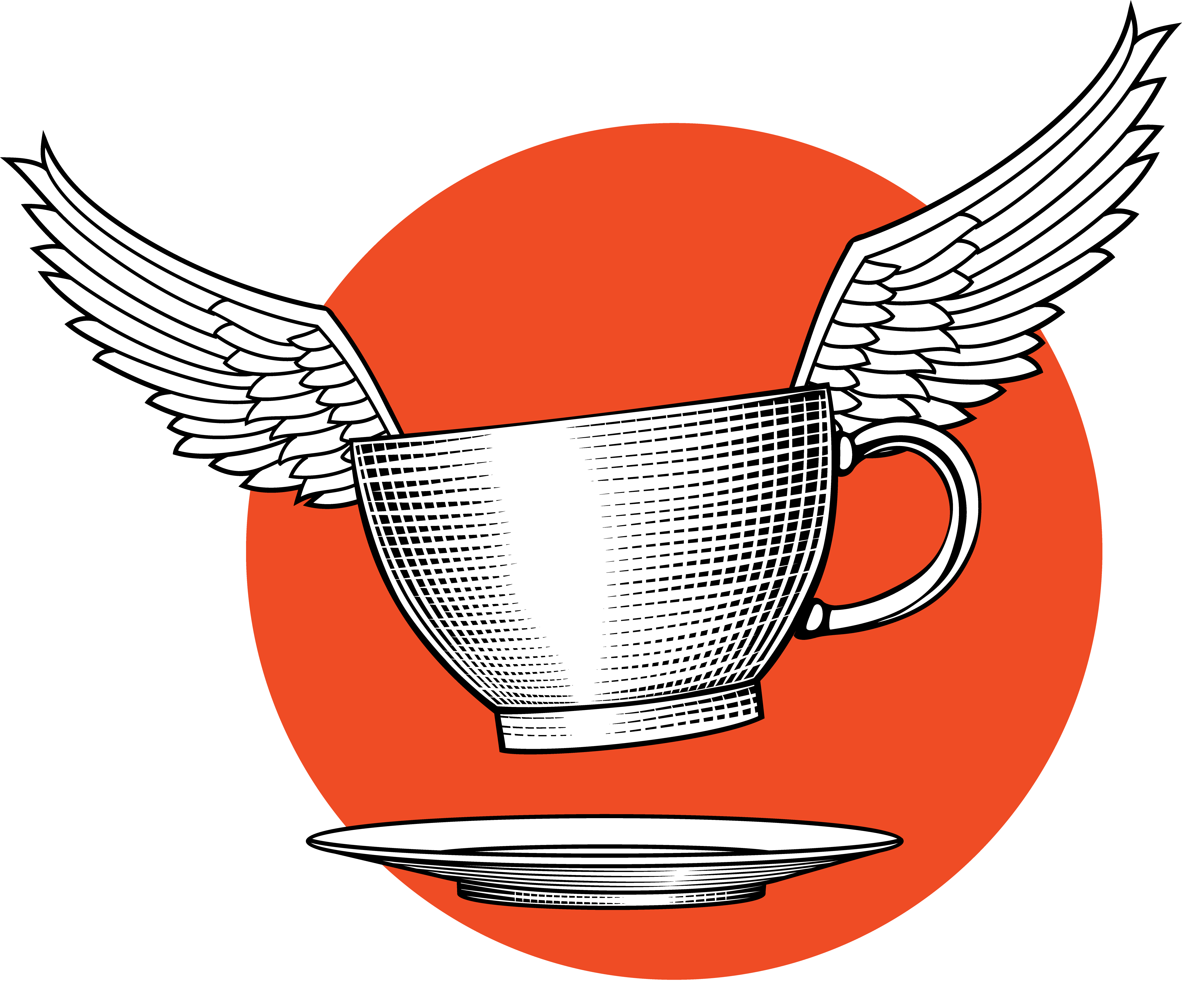 illustration of coffee cup with wings floating off of a saucer with a bold orange circle in the background